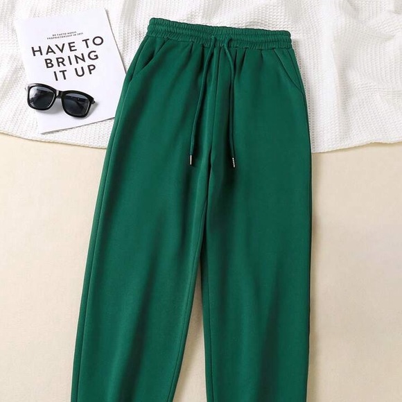 🟪 Solid Drawstring Forest Green Waist Thermal Lined Sweatpants - Picture 2 of 7